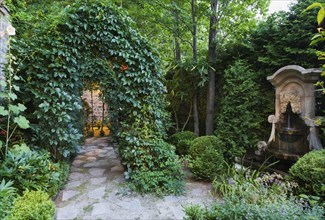 Grey flagstone path through arbour covered with climbing Vitis, Vines, Renaissance style water
