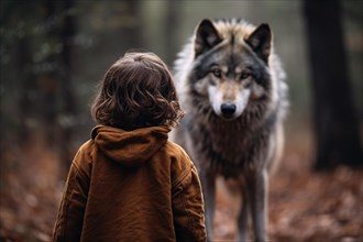 Child looking at wolf in forest. KI generiert, generiert, AI generated