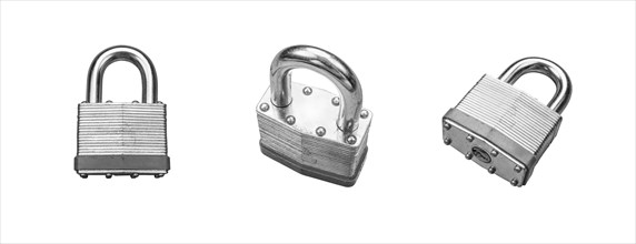 Robust padlock set of different angles isolated on a white background