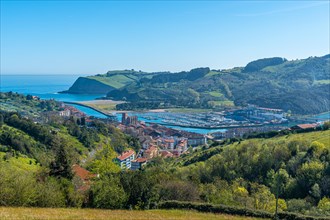 Panoramic view of the town of Zumaia on the way up to the flysch, Gipuzkoa. Basque Country