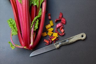 Chard with knife and chopped stems, Beta vulgaris