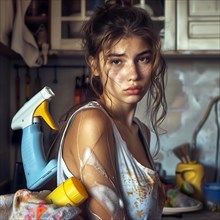 Exhausted young woman with cleaning utensils in a disorganised room, No desire to tidy up, AI