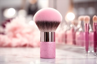 Pink makeup brush on vanity table. KI generiert, generiert, AI generated