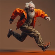 Old man in a lively pose runs in front of a monochrome background, start running, start