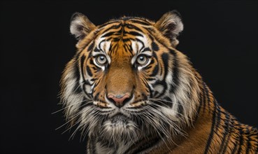 Close-up of a Bengal-Siberian tiger hybrid in studio lighting, tiger on black background AI