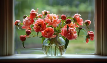 A vase filled with coral peonies on a windowsill AI generated