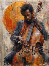 Textured artwork of a musician playing the cello with warm, expressive colors, AI Generated, AI