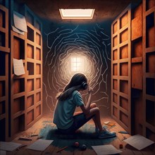 Girl sits in a surreal library, engrossed in music that transforms her surroundings, AI generated