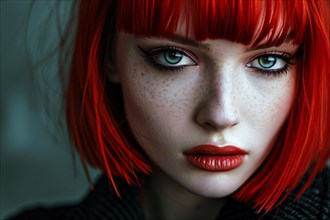 Portrait of young beautiful woman with pale skin and bright red hair with bob hairstyle with bangs