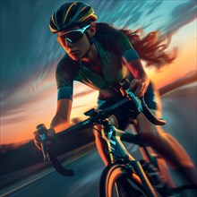 Cyclist racing on her bike with intense colours of the sky in the background, AI generated