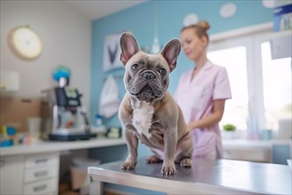 Bulldog dog at vet. Sitting on examination table at veterinary practice clinic. KI generiert,