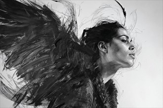 Side profile of a woman with hinted wings in a dynamic black and white sketch, raven woman, cover