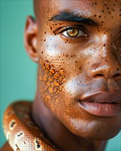 Richly textured close-up portrait focusing on an eye, with snake patterned skin, blurry teal