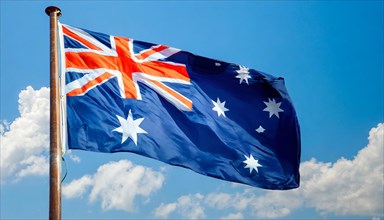 The flag of Australia flutters in the wind, isolated against a blue sky