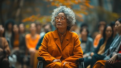 An elderly asian woman in a wheelchair attentively listening at a public speaking event, AI