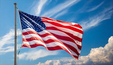 The flag of USA, America, United States, fluttering in the wind, isolated against a blue sky, North