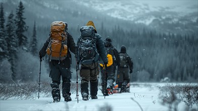 A group of hikers with backpacks trekking in a snowy winter landscape, AI generated