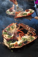 Cooked lobster (homarus) with caviar, vegetables and garlic butter on a plancha, Atlantic coast,