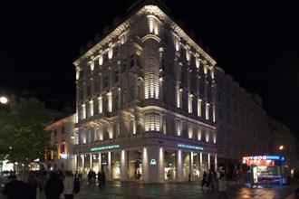 19th century building, illuminated at night, Kaerntner Str., Vienna, Austria, Europe
