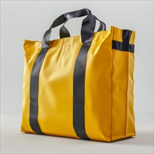 Vibrant yellow fabric shopping bag with black straps and a minimalist design, ai generated, AI