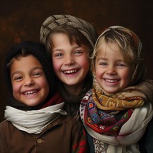 Three children in winter clothes with beaming smiles in a warm embrace, group picture with smiling