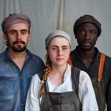 Three young people with simple headgear look seriously into the camera, group picture with people