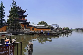 Excursion to Zhujiajiao Water Village, Shanghai, China, Asia, Wooden boat on canal with views of