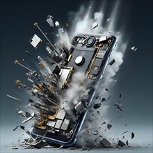The inner workings of a smartphone become visible in a violent explosion, mobile phone smartphone