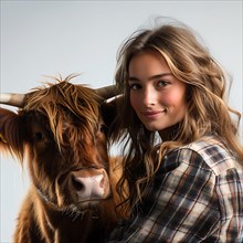 A young woman leans friendly against a Scottish Highland cow, AI generated