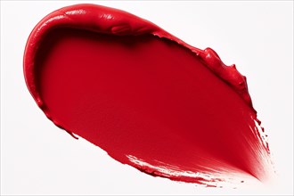 Red creamy lipstick makeup swatch on white background. KI generiert, generiert, AI generated