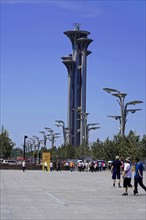 Beijing, China, Asia, Crowd near an Olympic tower on a sunny day, Asia