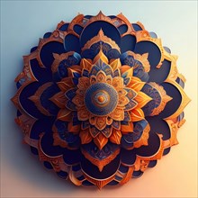 3D illustration of a mandala in orange and blue colors, AI generated