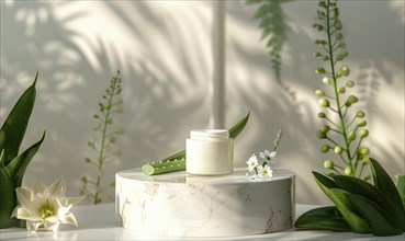 Aloe vera gel product promotion featuring a blank jar mockup showcased on a marble produce podium