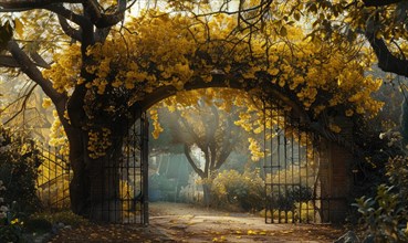 Laburnum tree branches forming an archway over a garden gate AI generated