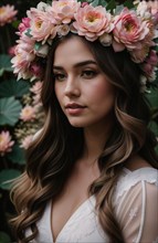Beautiful young woman with flowers in hair looking at camera isolated on grey. ai generative, AI