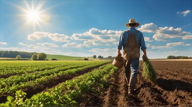 A farmer with a hat walking down the field on a sunny day, AI Generated, AI generated