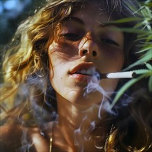 A young woman lies on the grass, smoking and enjoying the sun, which illuminates her face, KI