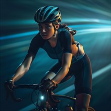 Cyclist in the focus of a spotlight, movement and speed made tangible, AI generated