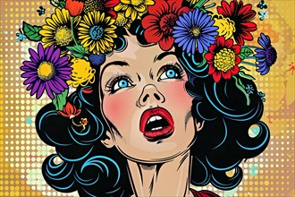 Astonished woman in pop art style with a multitude of flowers in front of a yellow dot pattern, AI