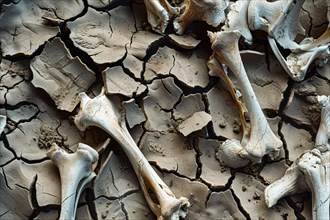 Animal bones on cracked dry earth. Global warming and water scarcity concept. KI generiert,