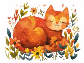 A cute orange cat snuggles among vibrant flowers, radiating coziness, ai generated, AI generated