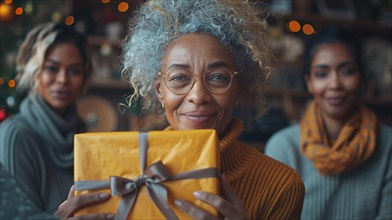 Senior woman in a yellow sweater excitedly holding a golden-wrapped gift, AI generated