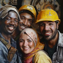 A portrait of smiling workers from different backgrounds, painted in a realistic style, group
