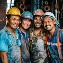 Cheerful workers in blue overalls laugh and enjoy the camaraderie, group photo with international