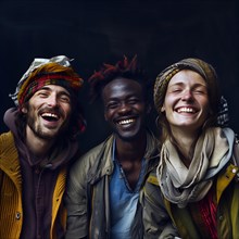 Hearty laughter and expressive joy among three friends in colourful clothes, group picture with
