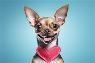 Funny dog with ping heart around neck on blue background. KI generiert, generiert, AI generated