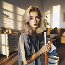 An anxious young woman with cleaning tools stands in a sunlit room, No desire to clean up, AI