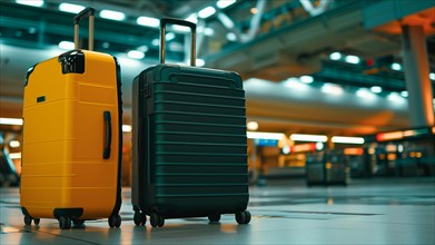 Two suitcases sitting on the floor in a large airport terminal. AI generated