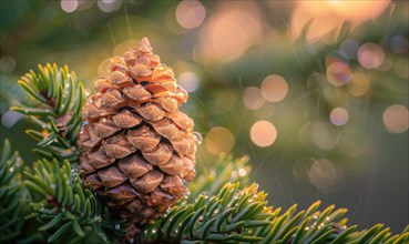 Close-up of a cedar cone nestled among the branches AI generated