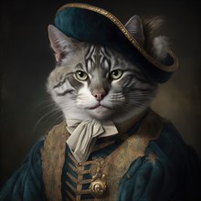 Digital art of a cat with human-like clothing, styled as a noble from the past, AI generated